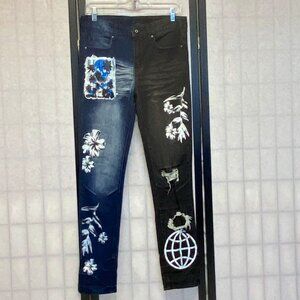 Rue21 Two Tone Graffiti Distressed Skinny Jeans 30 Midrise Streetwear Denim